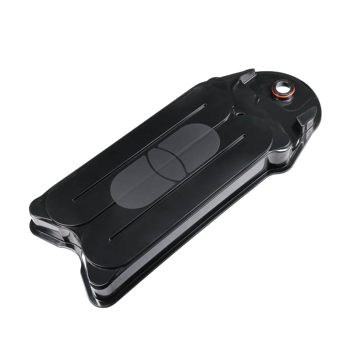 Black crankcase ventilation filter cover with round port detail