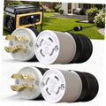NEMA twist-lock plug and connector set, white face, gold pins, black ribbed body