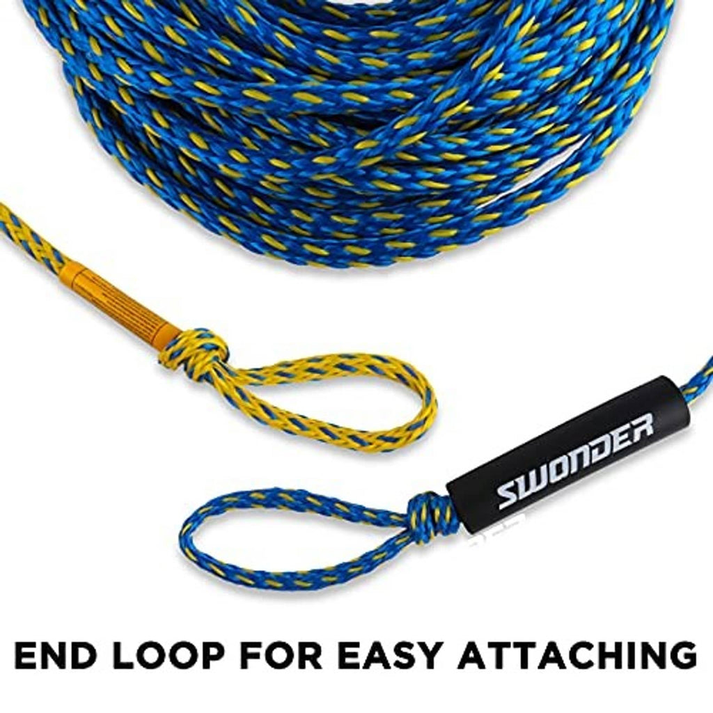 Tow rope end loop for easy attachment, blue and yellow braided rope with black SWONDER tag