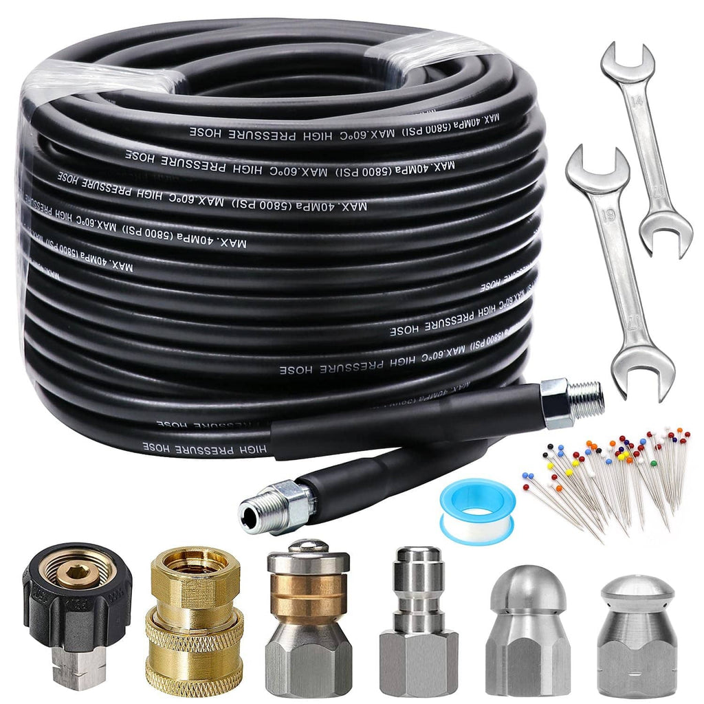 Sewer jetter kit with coiled black high-pressure hose, brass fittings, and nozzle set