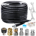 Sewer jetter kit with coiled black high-pressure hose, brass fittings, and nozzle set