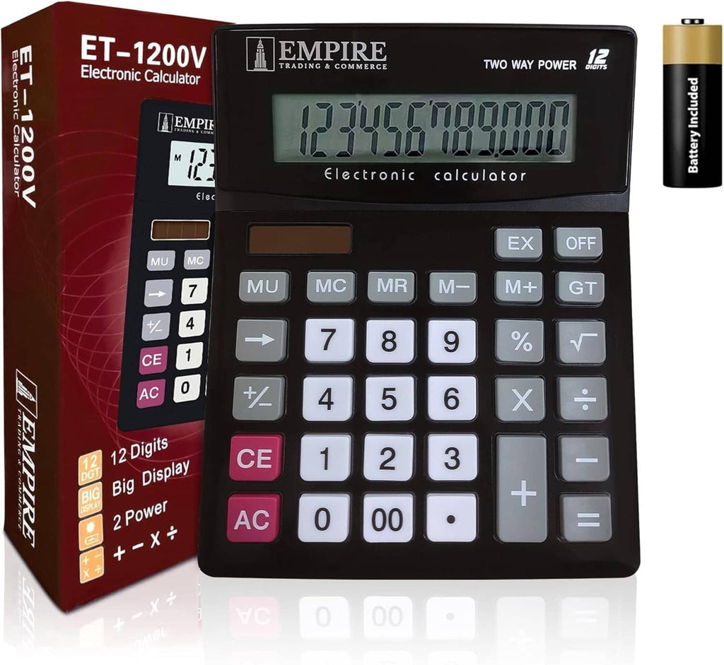 Black electronic desk calculator with LCD display and large number keys