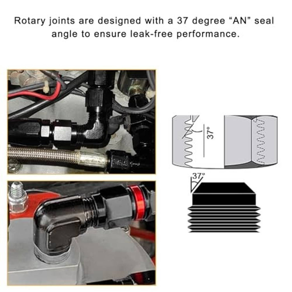 Black hose fitting adapter with male thread, 37-degree AN seal angle, and swivel elbow