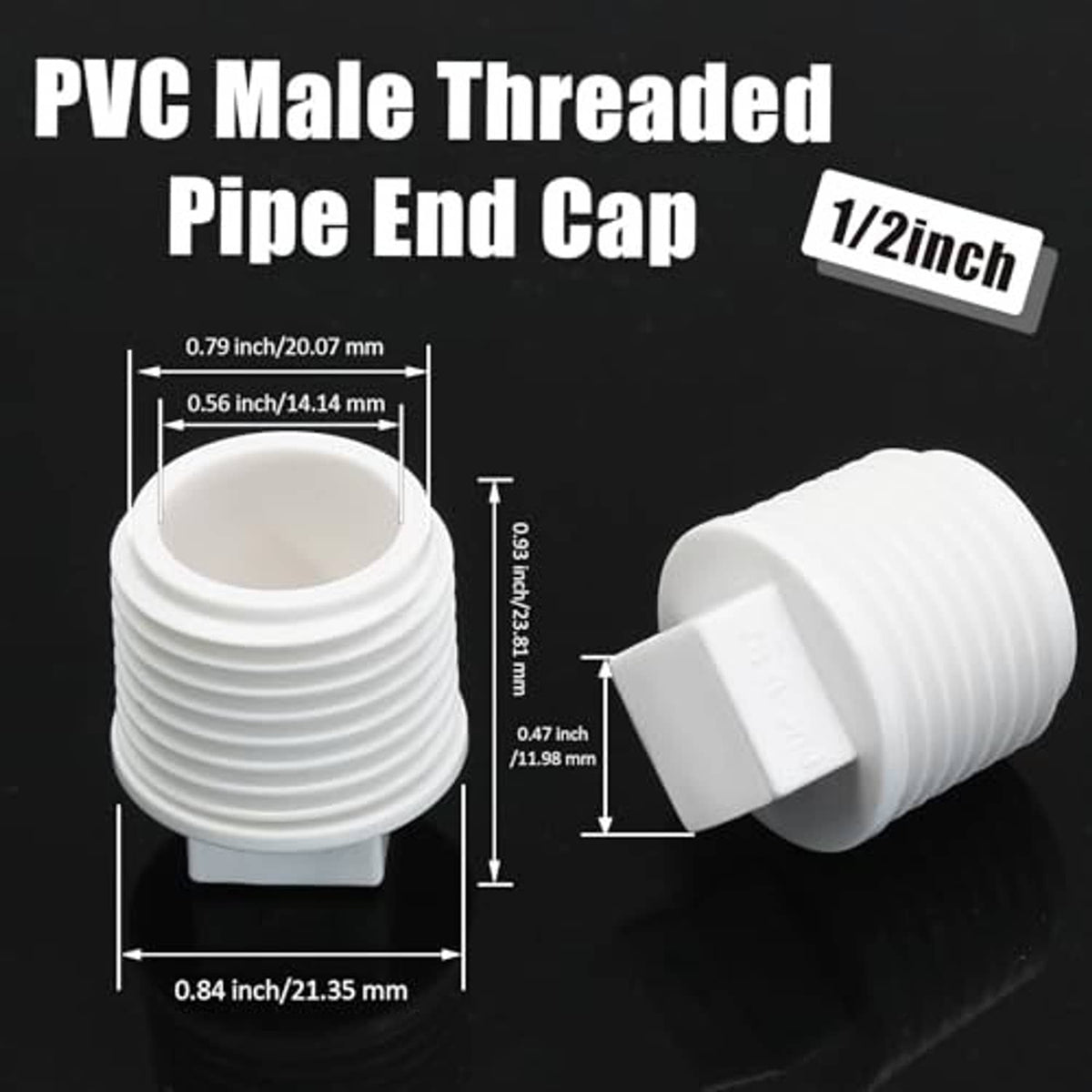 White PVC male threaded pipe end cap, 1/2 inch, open end and ribbed exterior threads