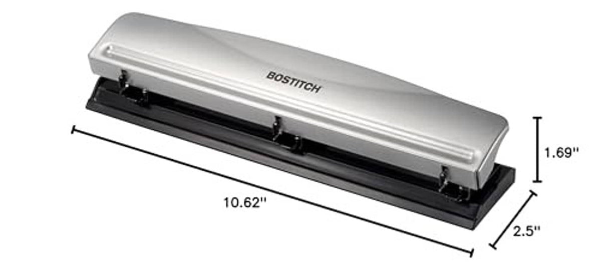 BOSTITCH 3-hole metal office punch with dimensions shown: 1.69 in x 2.5 in