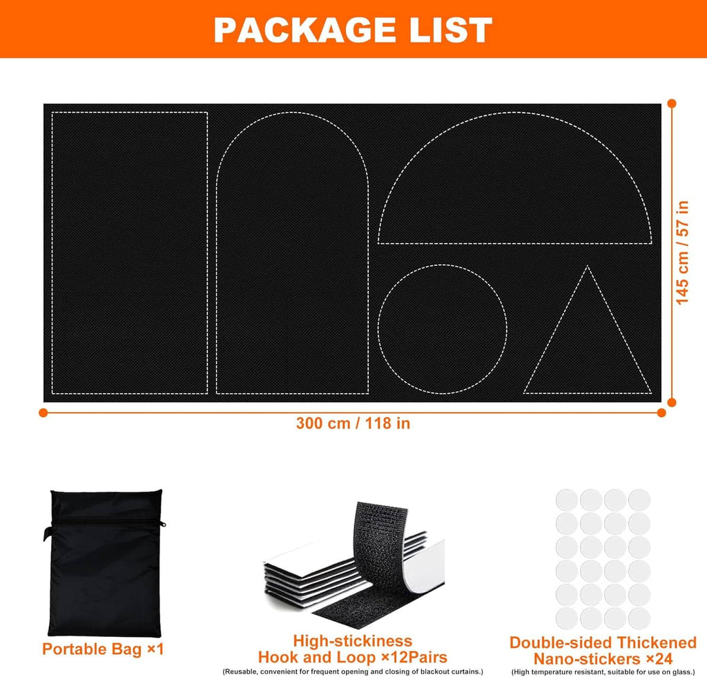 Black portable blackout blind cover kit with stacked panels and storage bag