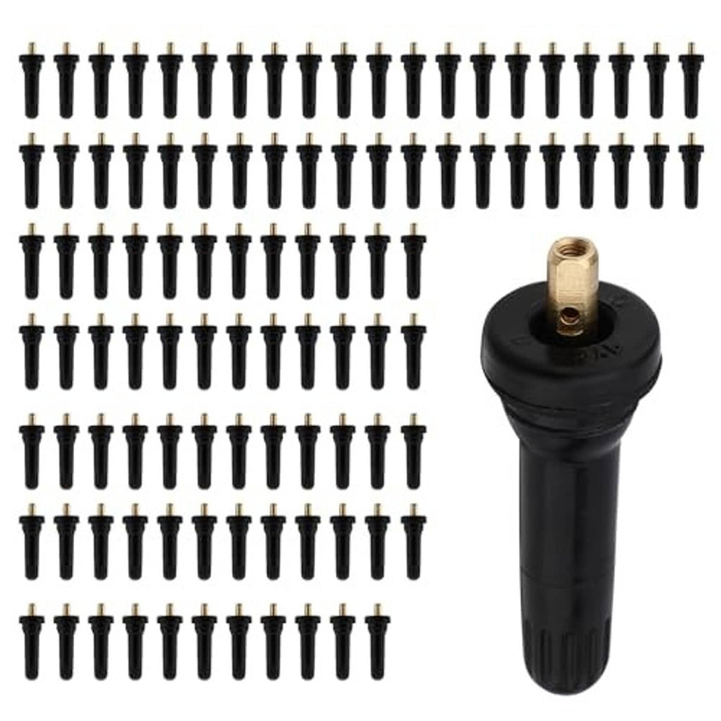 TPMS snap-in tire pressure sensor valve stems, black rubber, brass valve head