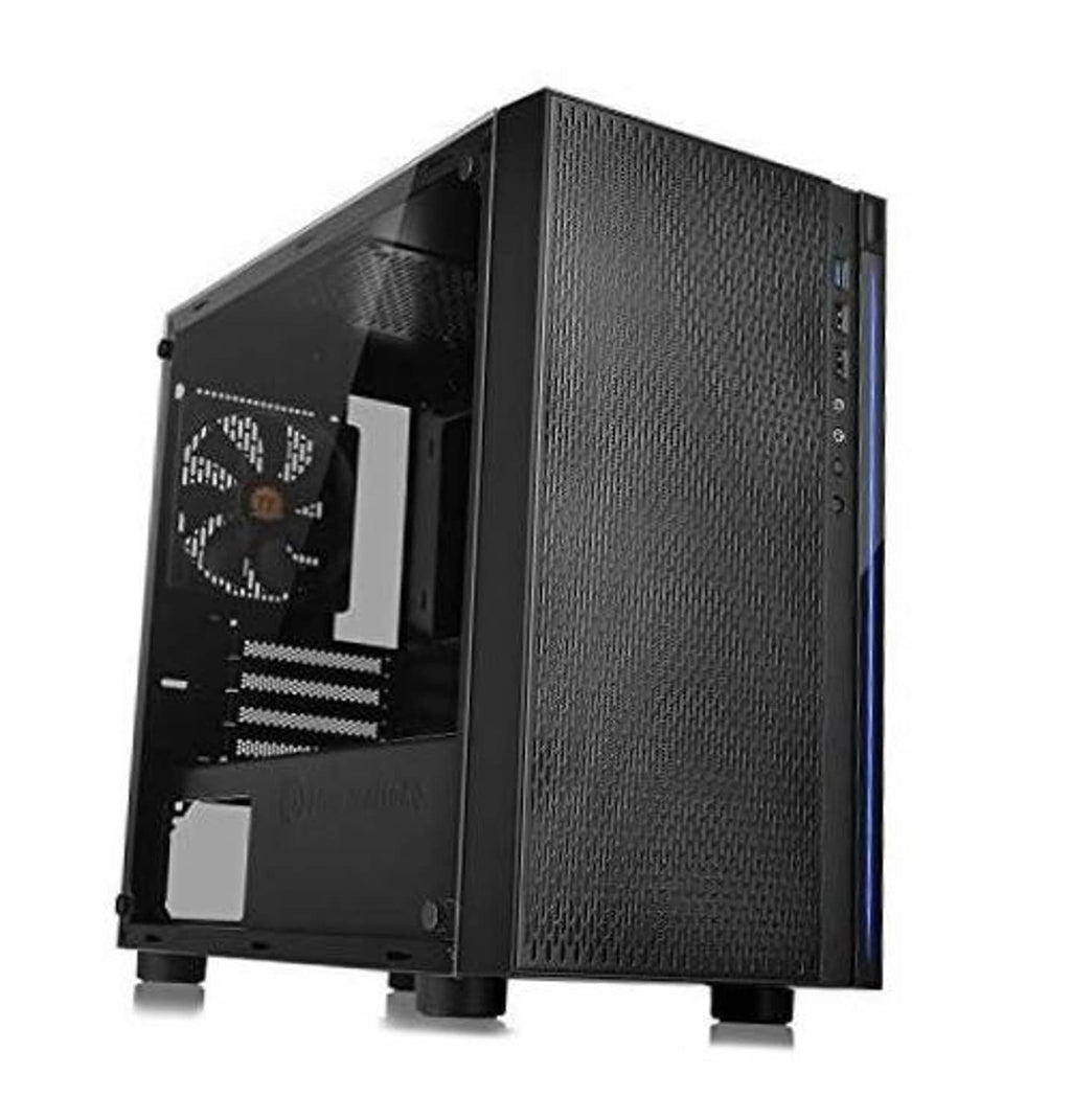 Black micro ATX computer case with mesh front and tempered glass side panel