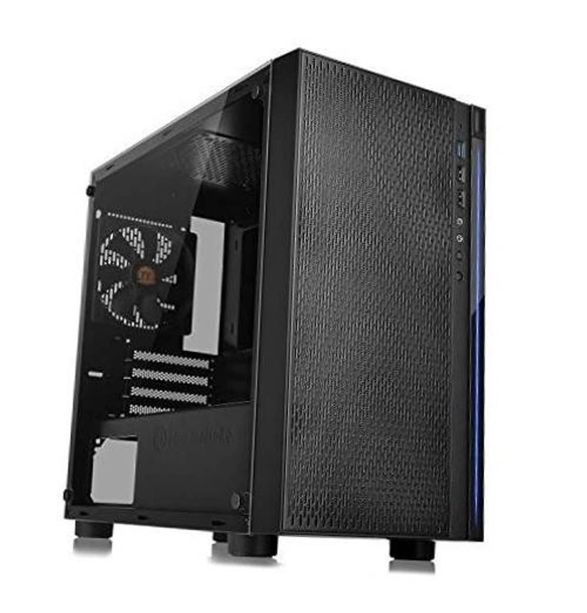 Black micro ATX computer case with mesh front and tempered glass side panel