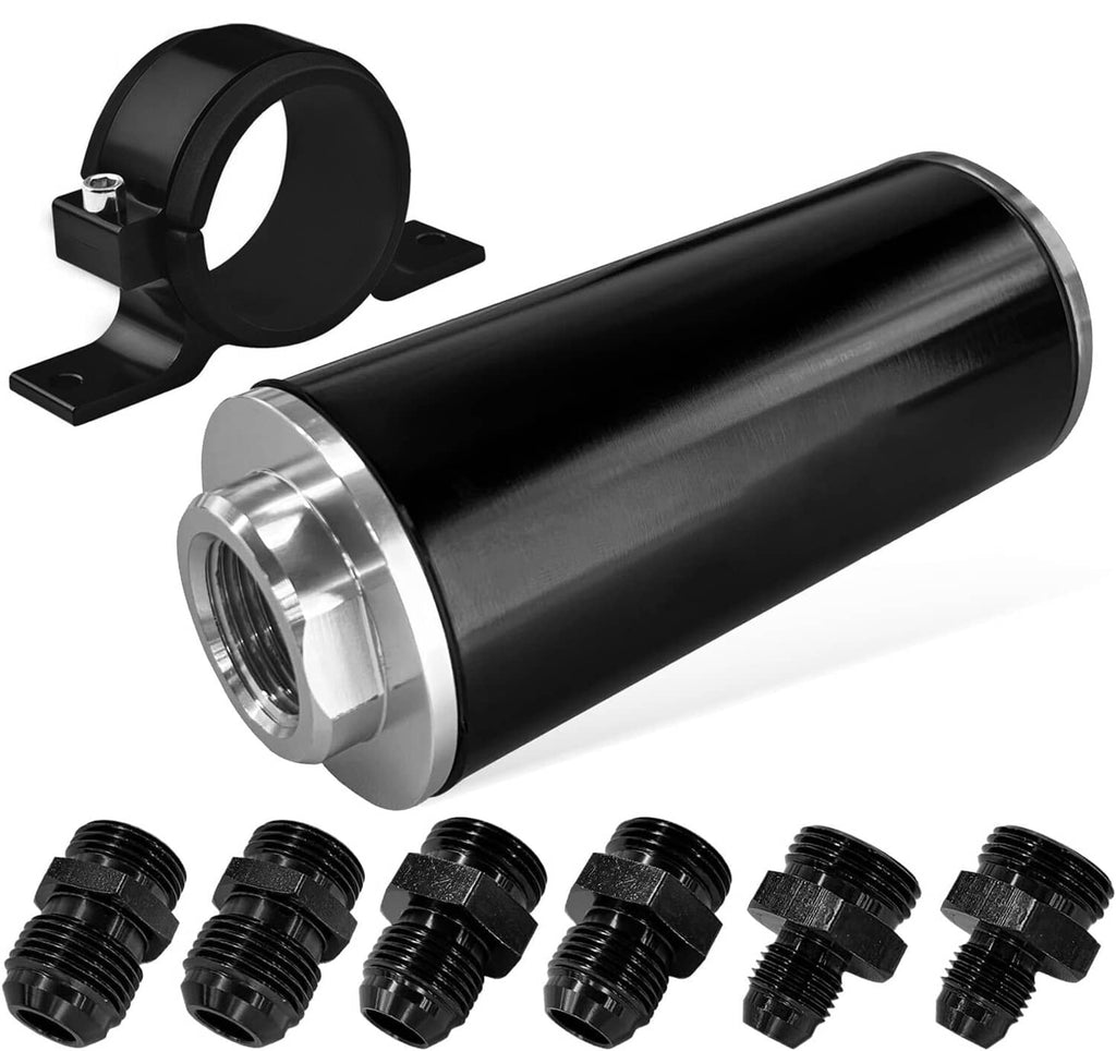 Inline fuel filter with black canister and mounting bracket, metal AN fittings