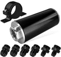 Inline fuel filter with black canister and mounting bracket, metal AN fittings
