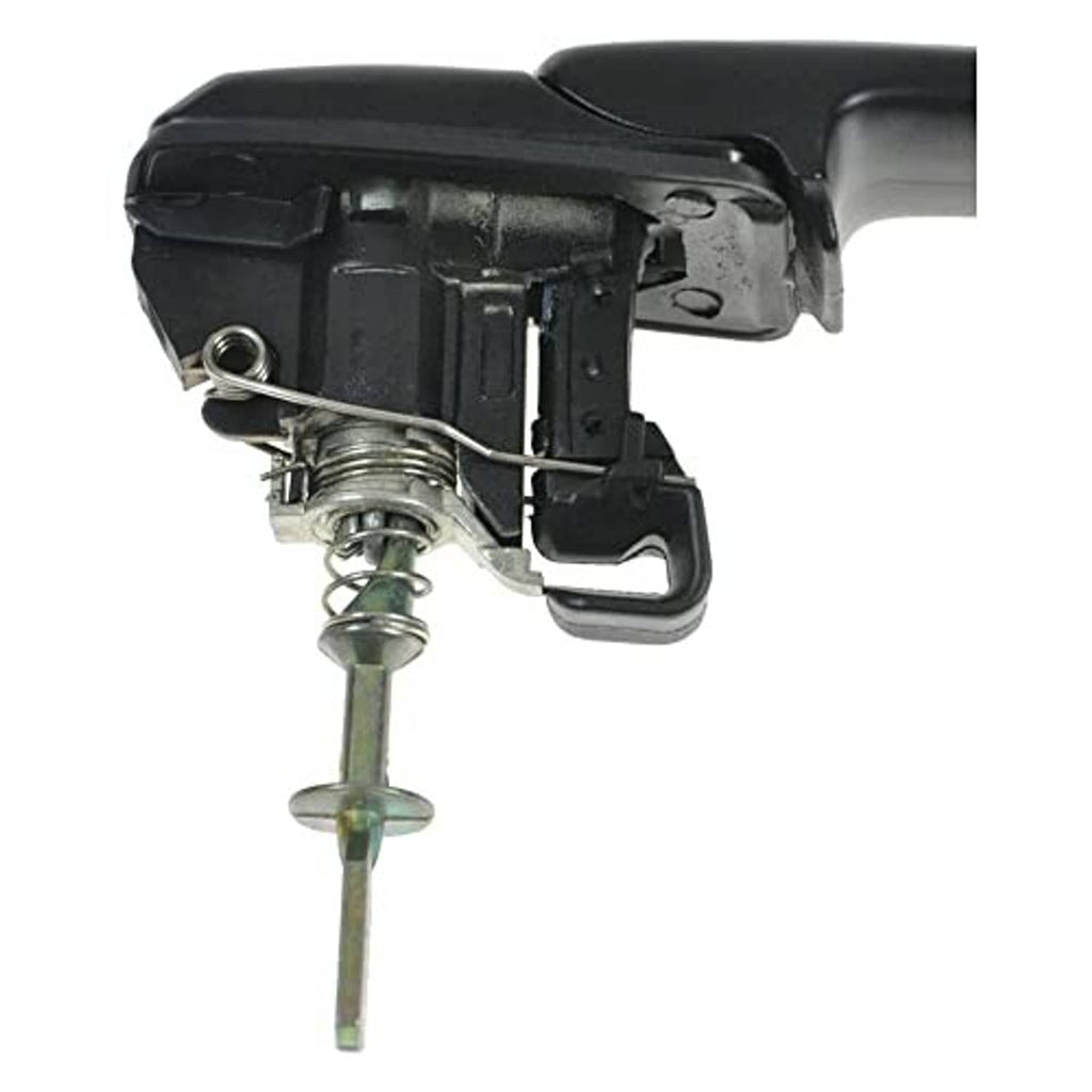 Black exterior door handle mechanism with latch, spring, and mounting hardware
