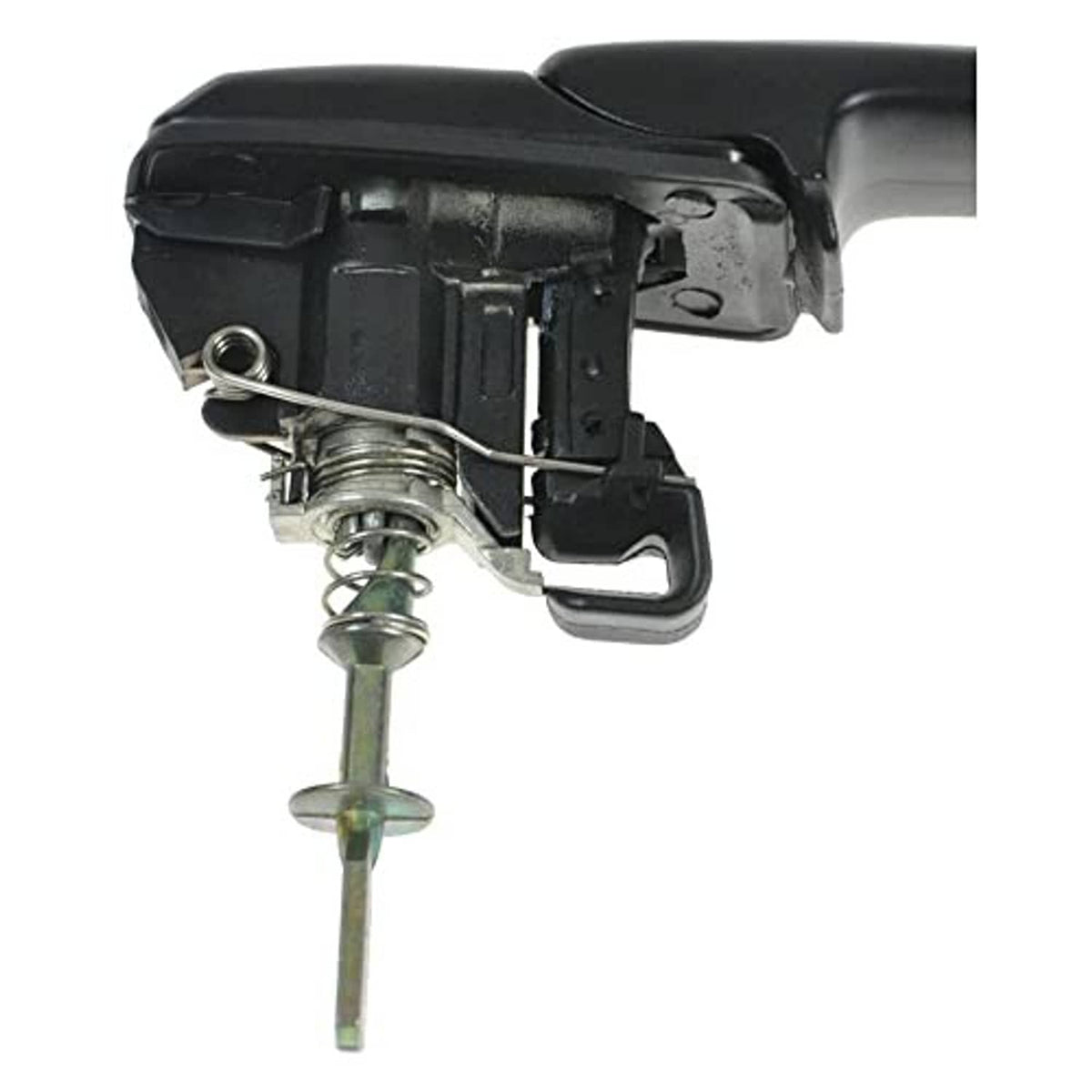 Black exterior door handle mechanism with latch, spring, and mounting hardware