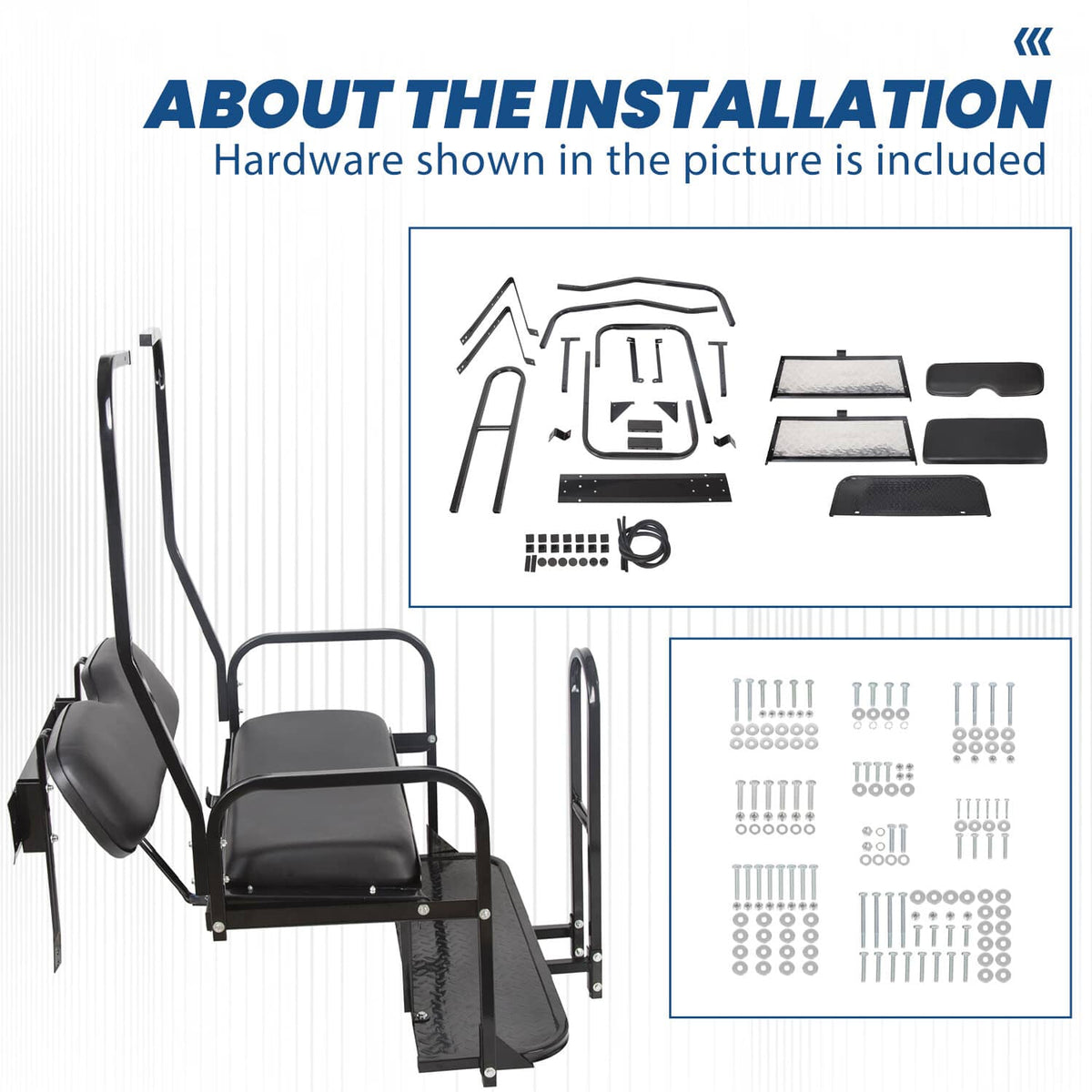 Rear flip seat kit with included installation hardware and fasteners