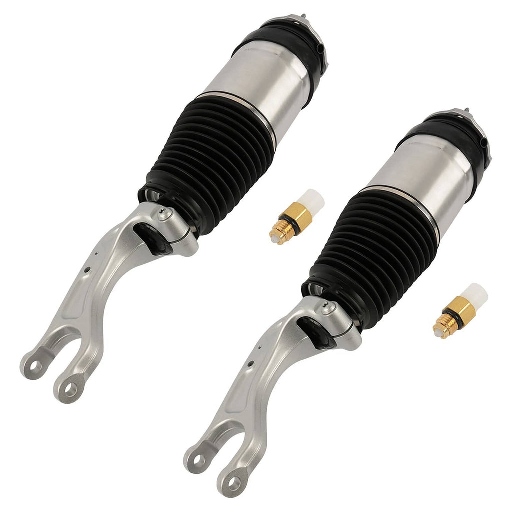 Pair of air strut shocks angled view, black ribbed bellows on silver bodies with gold fittings