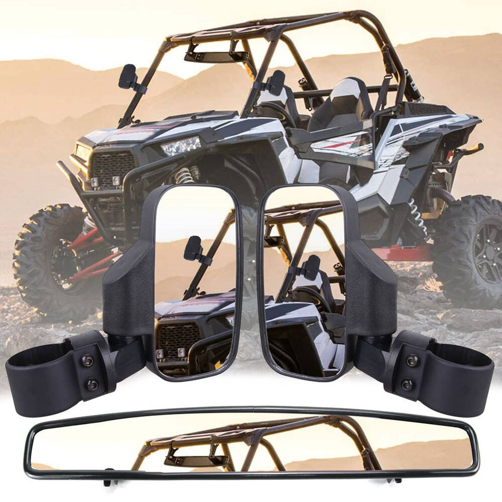 UTV rear view mirror set installed on a UTV roll cage with two wide side mirrors