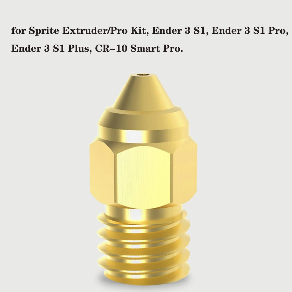 Single brass threaded 3D printer nozzle with pointed tip and round opening