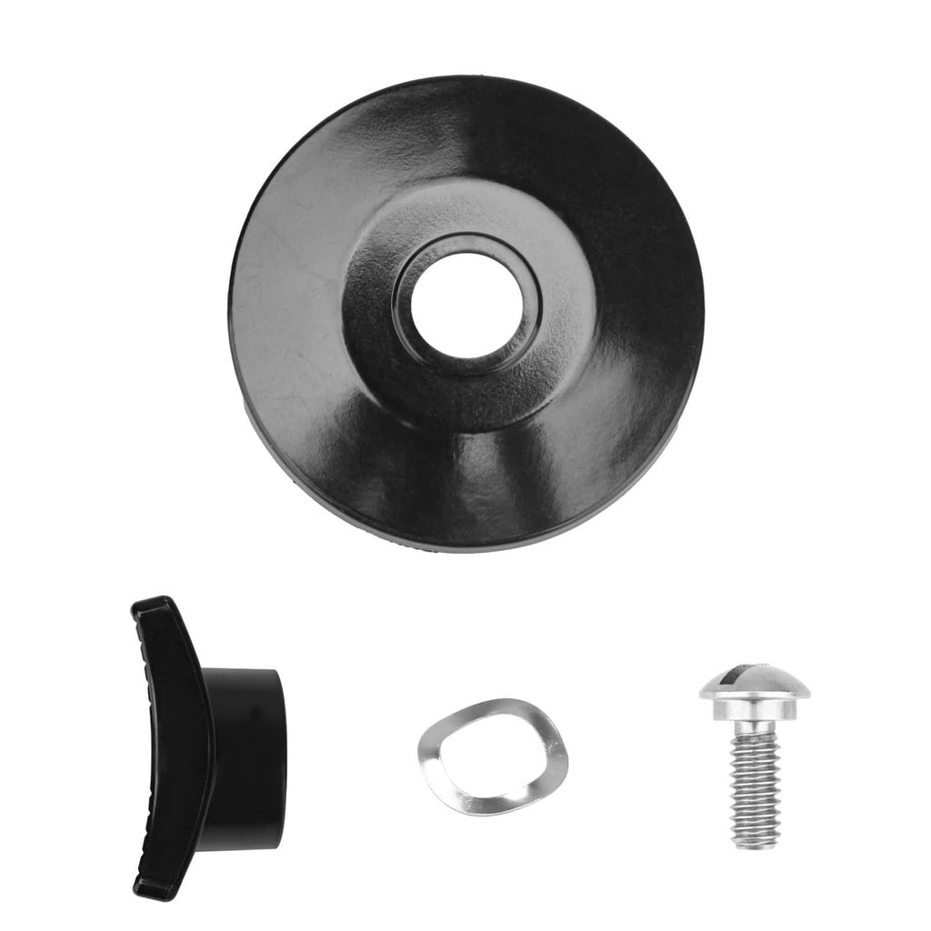 Black round lid knob base with center hole, plus retaining ring and screw