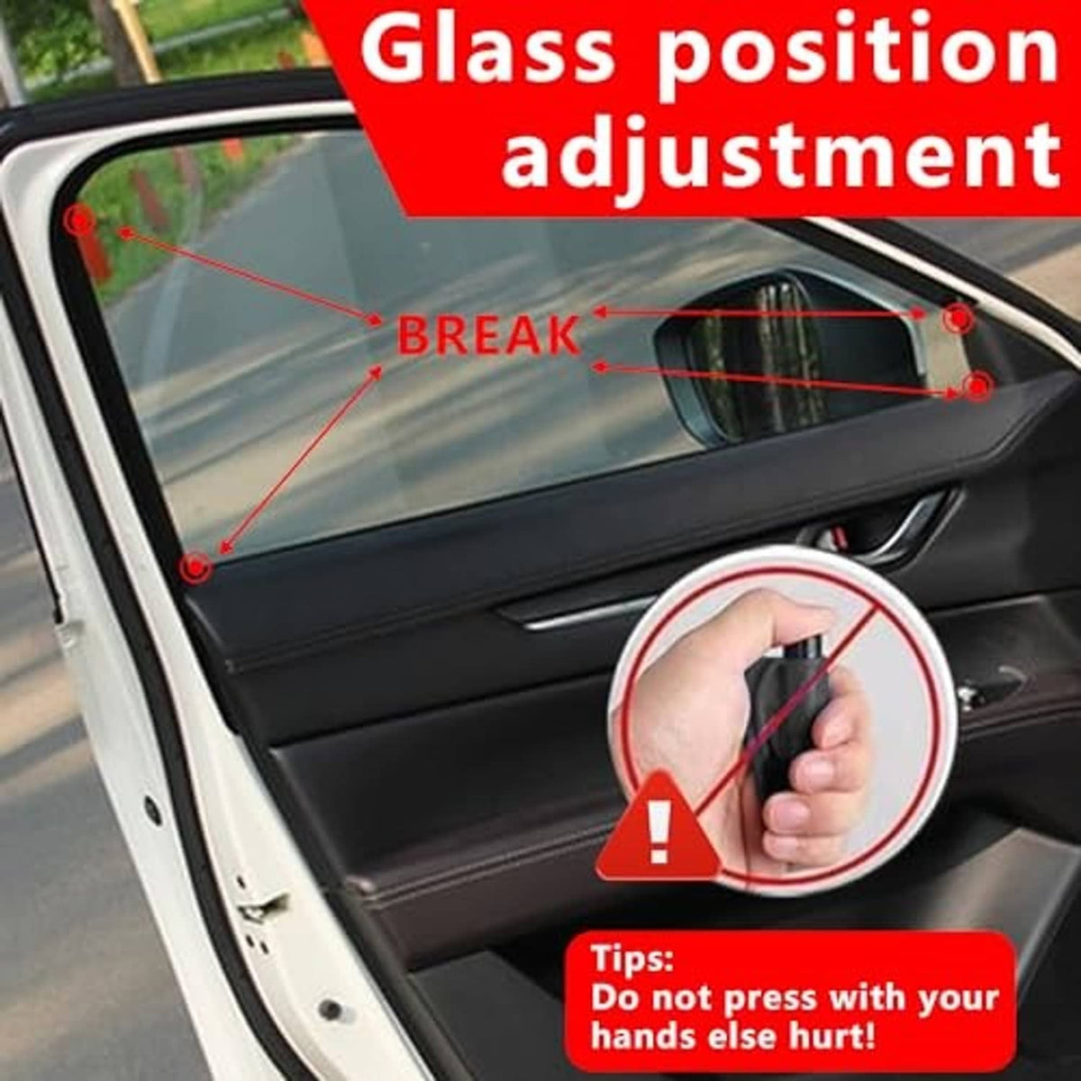 Car window glass corner with purple keychain escape tool near edge