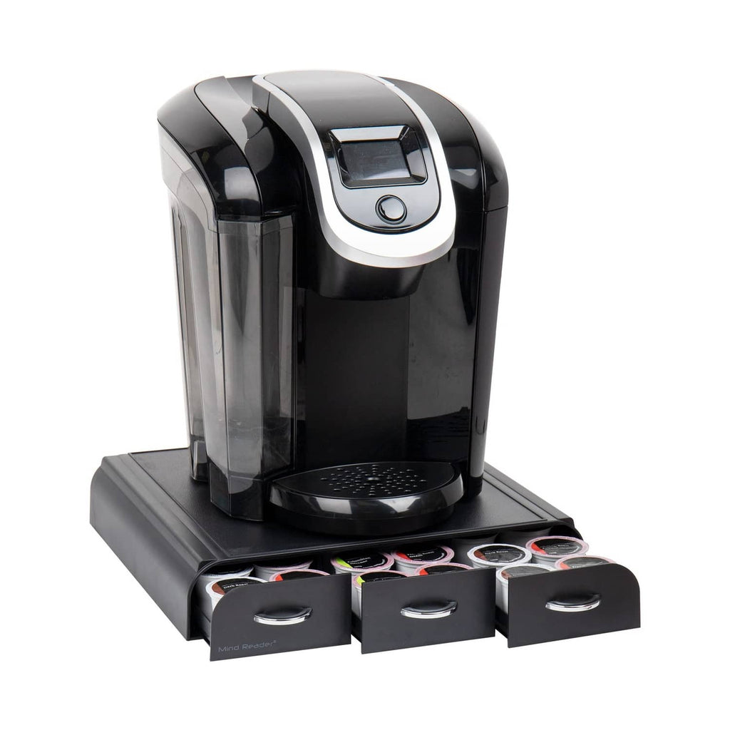 Black single-serve coffee pod organizer with three drawer compartments and hinged lid