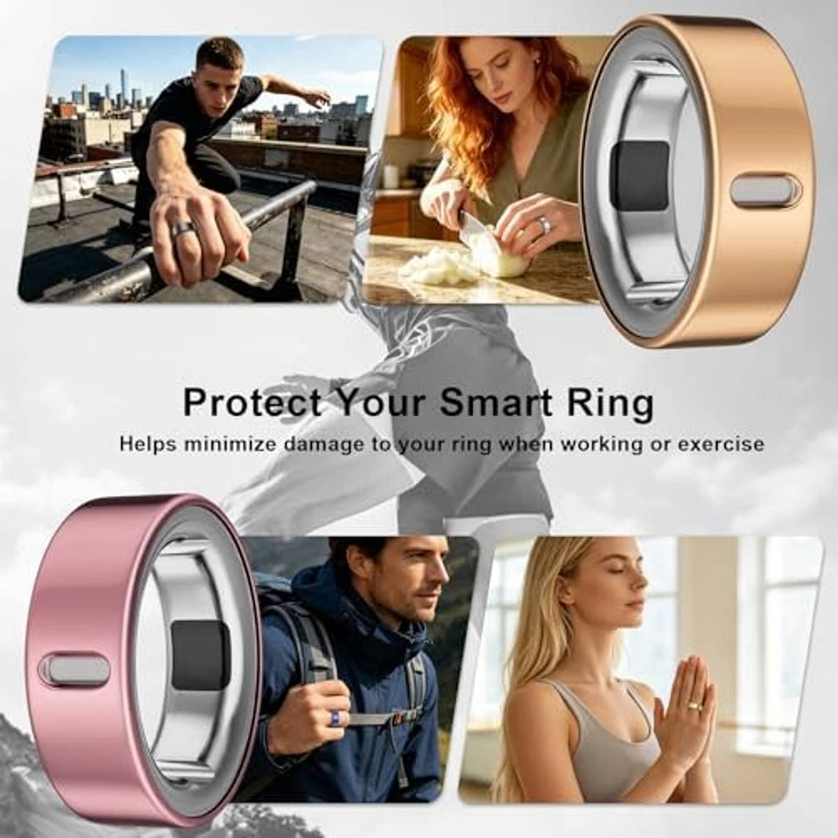 Rose gold and pink TPU ring covers with sensor cutouts, angled for fit overview