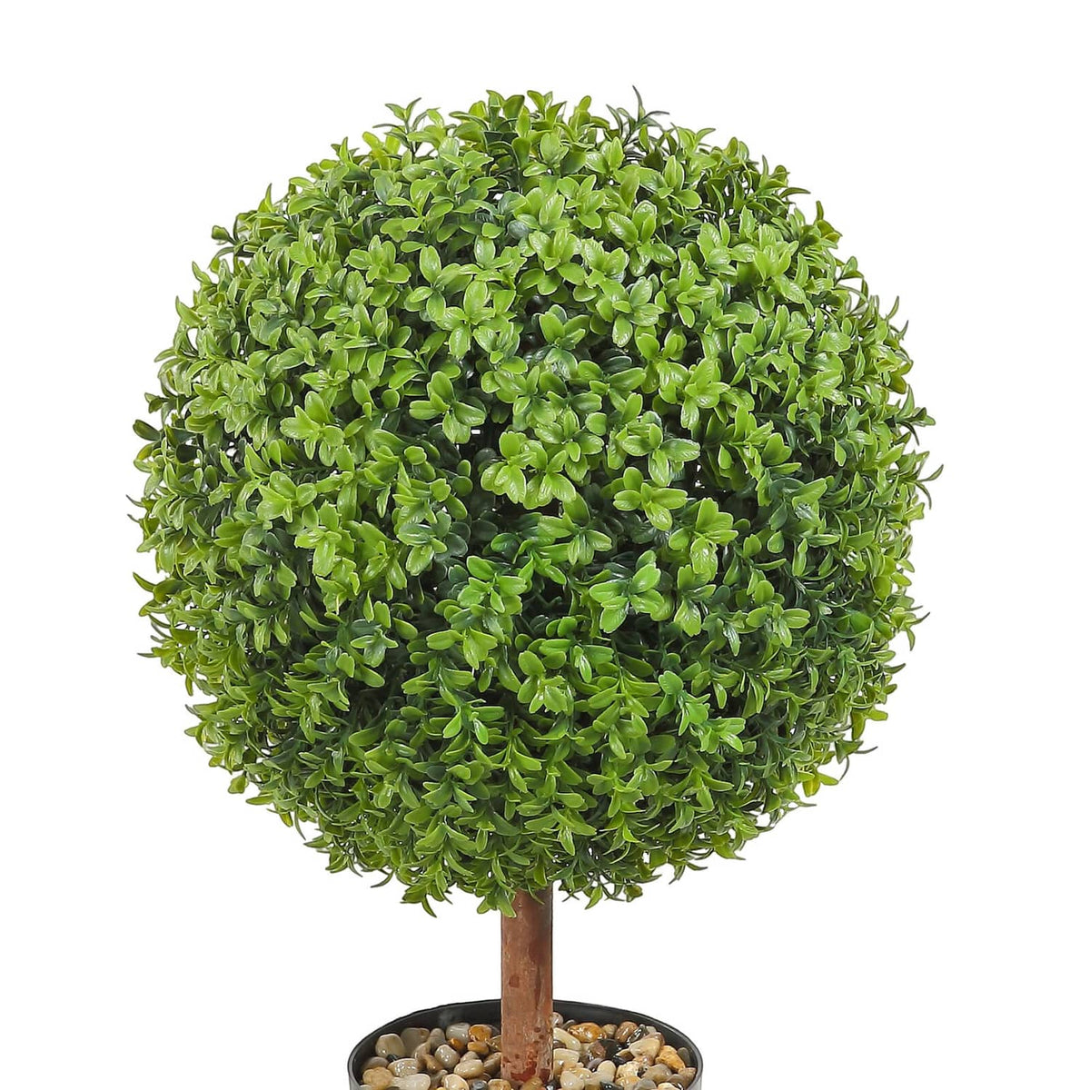 Artificial green topiary tree with dense faux leaves and black round pot