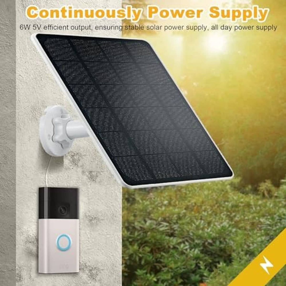 Solar panel charger with black solar panel and white outdoor power module on wall