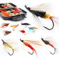 Fly fishing fly kit with mixed salmon and steelhead streamer flies in open waterproof box