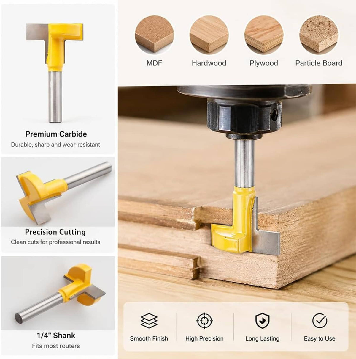 T-slot router bit cutting on wood with yellow housing and carbide straight edge