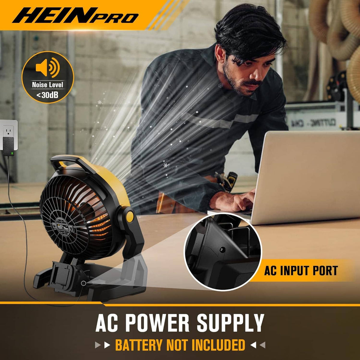 Yellow portable fan with AC input port opening, black base and control knob