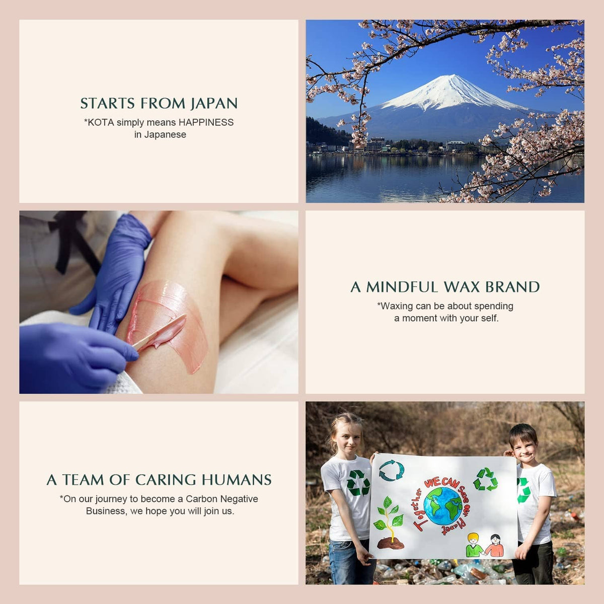 Collage of at-home waxing, including gloved hands applying wax on skin