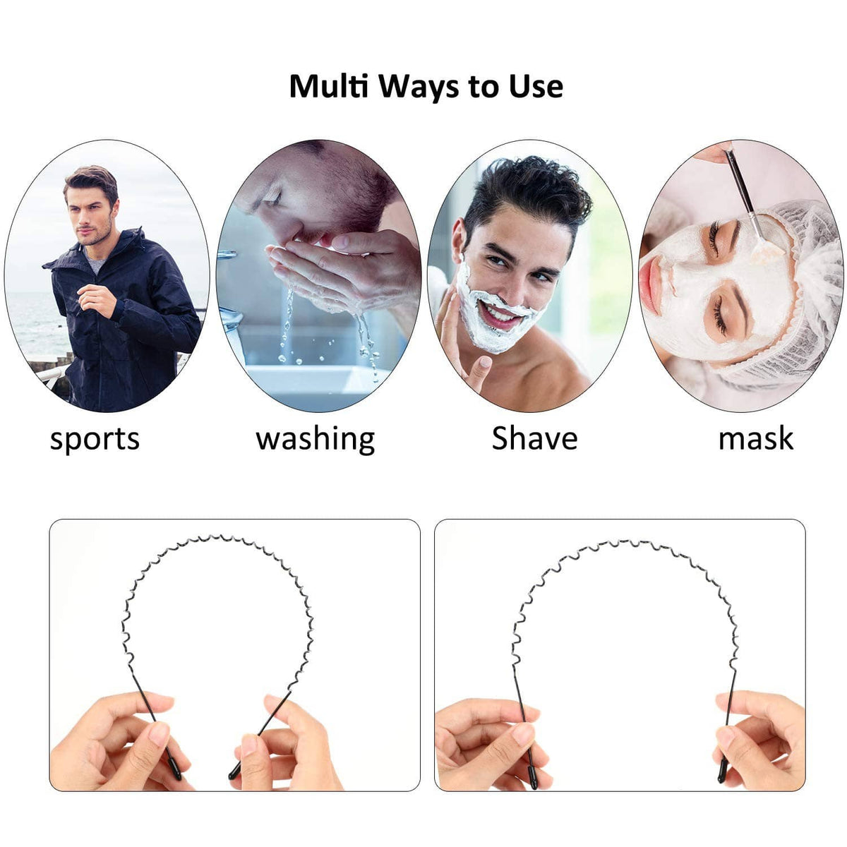 Diagram of black metal spring hair headband usage and positioning