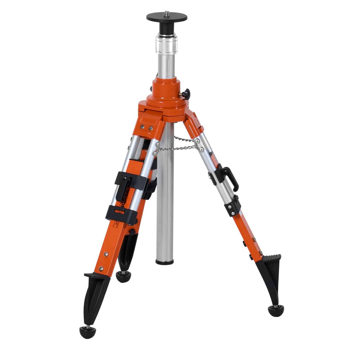 Orange and silver adjustable laser level tripod stand with central height post and three legs