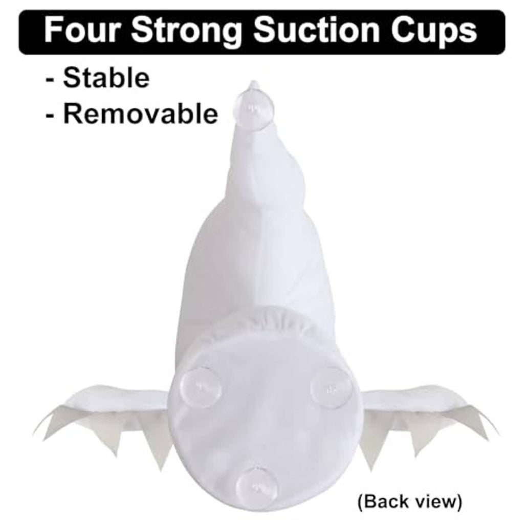 White plush ghost back view with suction cups; long tail and big black eyes