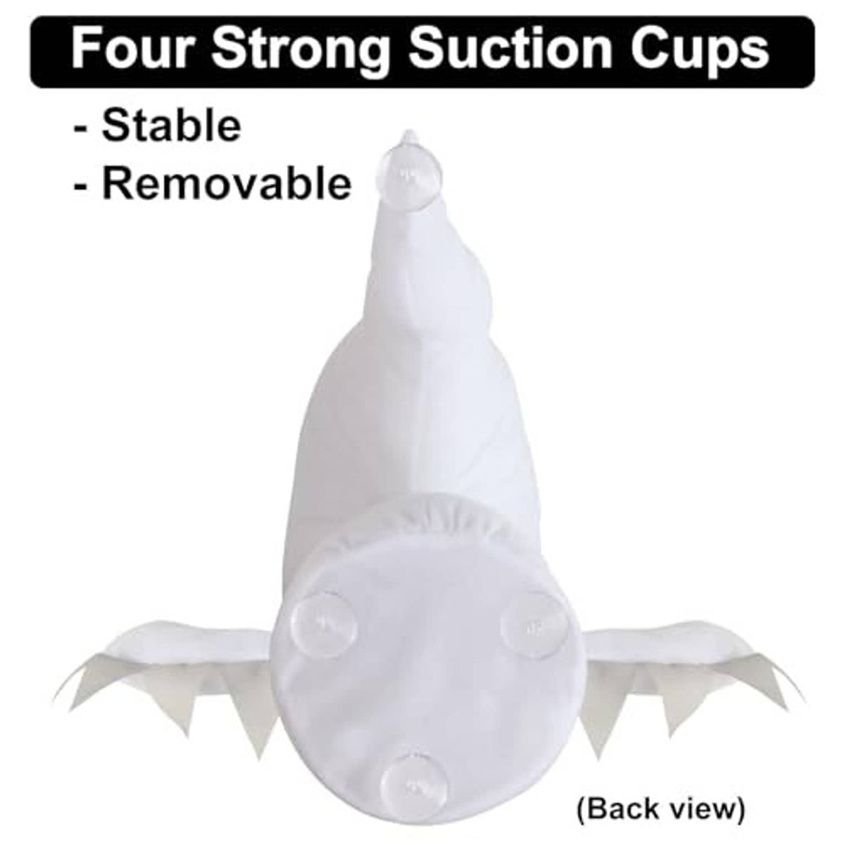 White plush ghost back view with suction cups; long tail and big black eyes