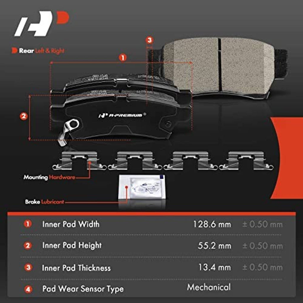 Rear brake pads set with measurement diagram and included mounting hardware pieces