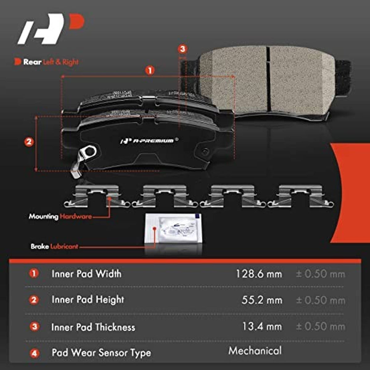 Rear brake pads set with measurement diagram and included mounting hardware pieces