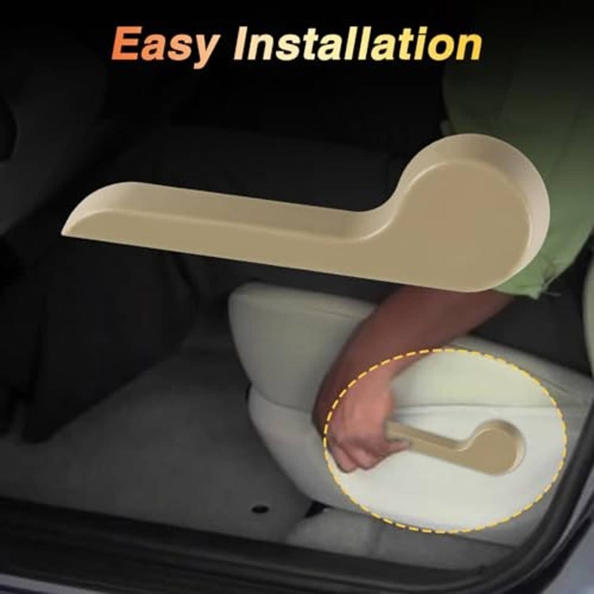 Beige seat recliner pull lever shown in-car with grip for adjustment