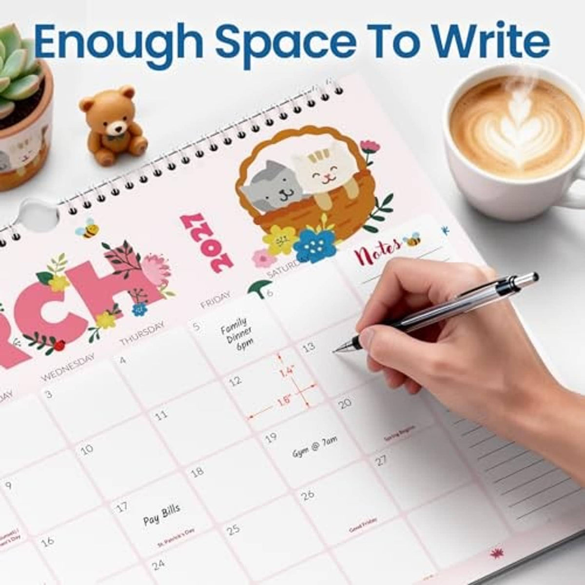Cute animal-themed 18-month calendar with a lined notes panel for writing