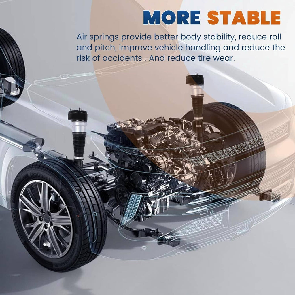 Vehicle underbody view with multiple air suspension struts and shock components