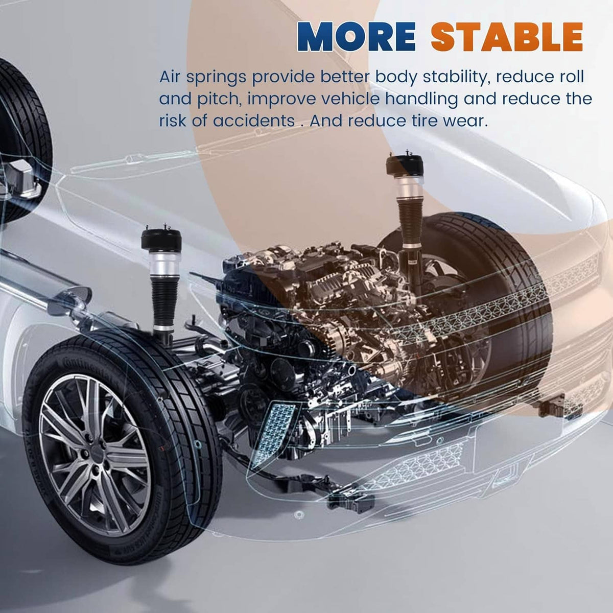 Vehicle underbody view with multiple air suspension struts and shock components