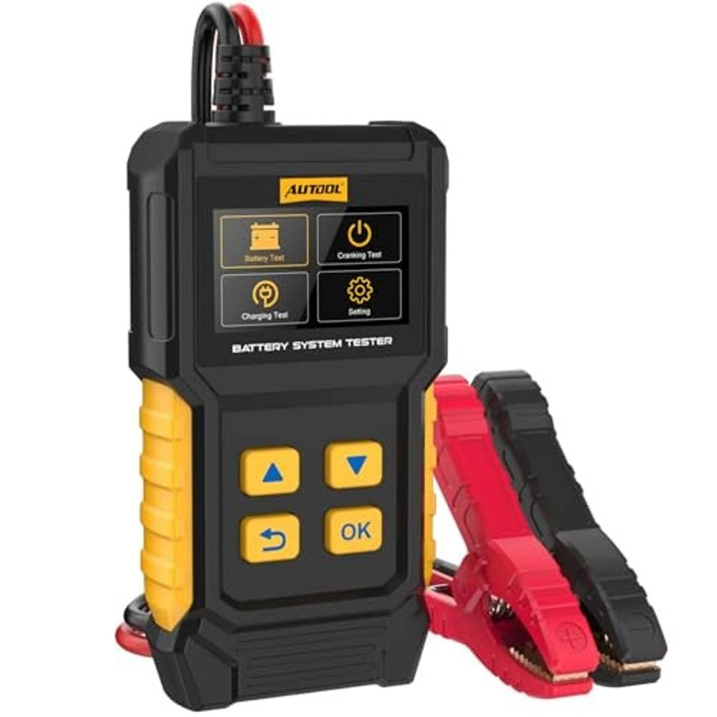 Battery system tester handheld with front LCD buttons and red/black clamp leads