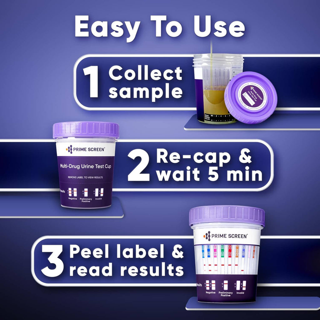 Multi-drug urine test cup kit with purple-lidded cup and white testing wells