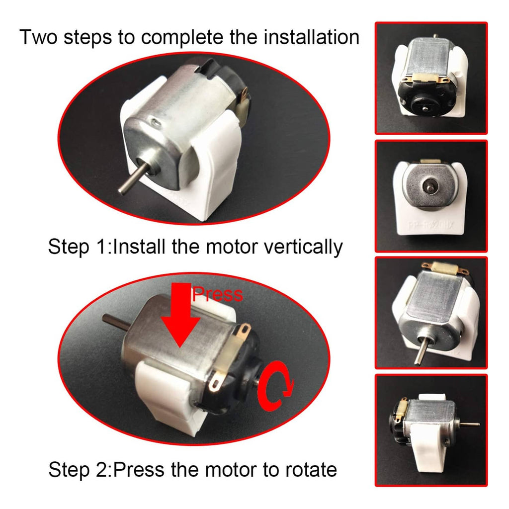 Mini DC motor installation in a black mount, showing the rotating shaft alignment