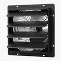 Wall-mounted shutter exhaust fan, black louvered frame with visible fan blades