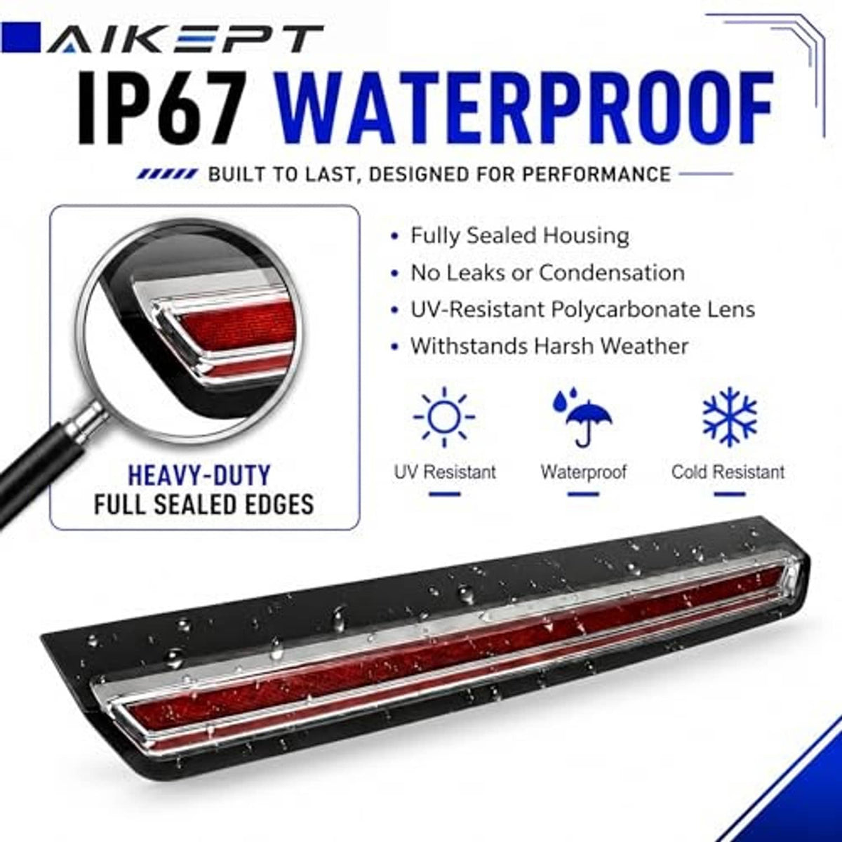 Third brake light assembly with red lens and black sealed housing, IP67 style