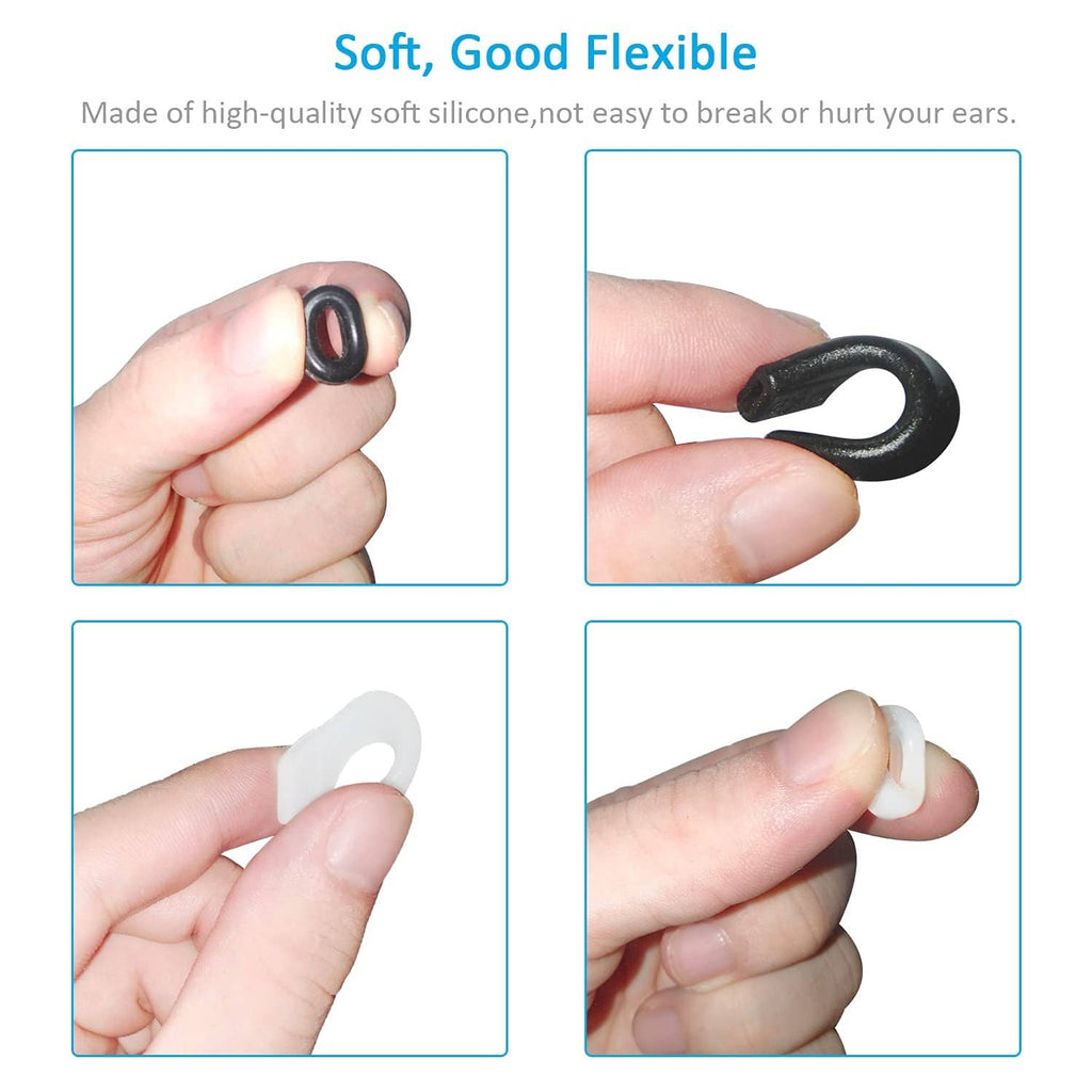 Close-up silicone eyeglass ear grips in black and white