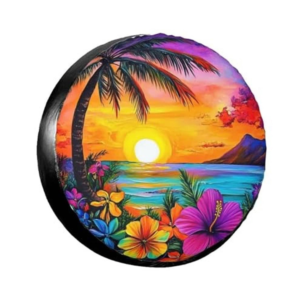 Black wheel spare tire cover with tropical palm sunset, hibiscus and ocean waves