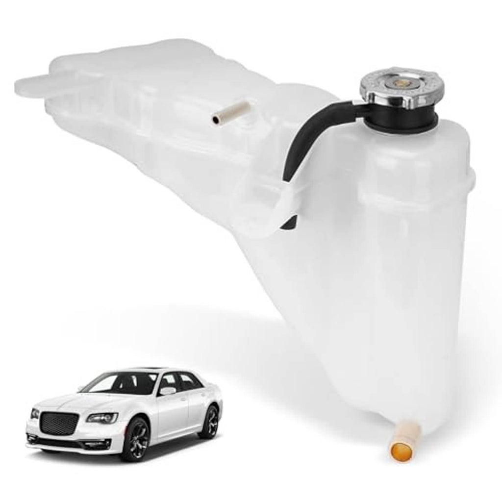Engine coolant reservoir tank with cap and black hose, white plastic reservoir.