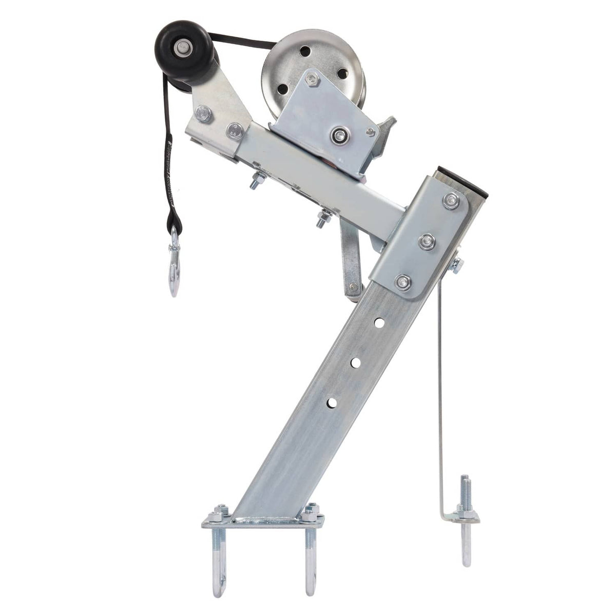 Adjustable steel winch stand with galvanized frame, pulley wheel, crank handle, and feet